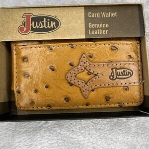 Justin Card Wallet Money Clip Genuine Leather Ostrich Print Brown Front Pocket